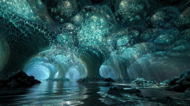 Bioluminescent Oceanic Cavern with Bubble Ripple Surface and Crystalline Arches