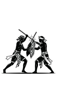 Traditional Indonesian martial art presean stick fighting warrior duel vector silhouette illustration