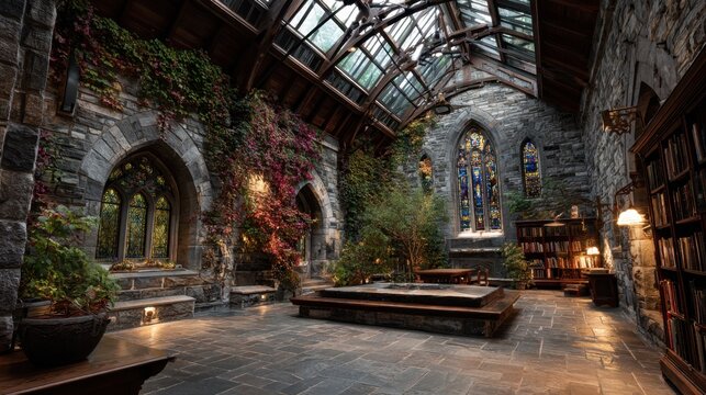 Spacious stone hall with vaulted Gothic arches, rough-hewn stone walls draped in flowering vines, blue and red stained glass windows catching warm ambient light, a skylight beam illuminating the glas