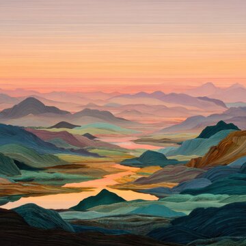 Surreal dreamscape of vast landscapes woven into a living tapestry, where rolling hills fold like fabric and rivers become threads of light, all bathed in warm peach, pink, and gold during a tranquil