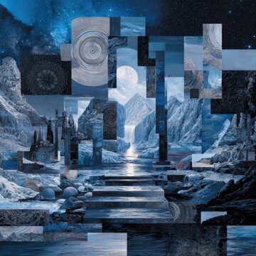 Icy Nightscape Mosaic: Surreal Blue Dreamscape with Spirals, Geometric Towers, and Tarot-inspired Symbolism in a Moonlit Glacier
