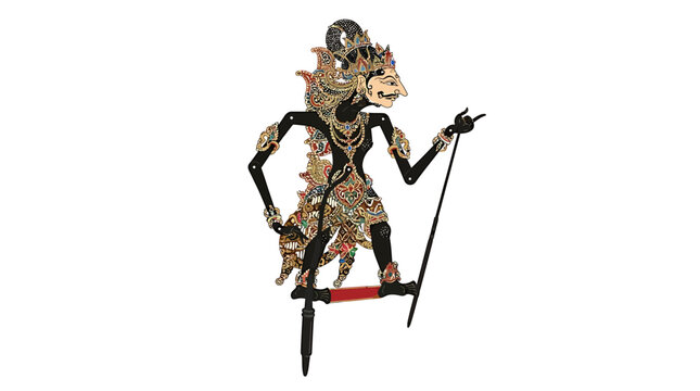 A traditional shadow puppet character dances with a stick in a cultural performance.