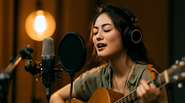 Young woman singing passionately while playing guitar in a studio setting, showcasing talent and creativity.