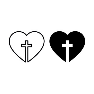 minimalist vector icons: two heart symbols, outline and solid black, each with a christian cross, side-by-side on a white background, flat graphic design concept of faith and love