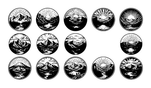 Mountain circle badge set with sunrise river winding path and pine forest silhouette in fifteen round emblem designs black and white