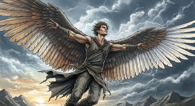 Angelic figure with majestic wings in stormy sky.