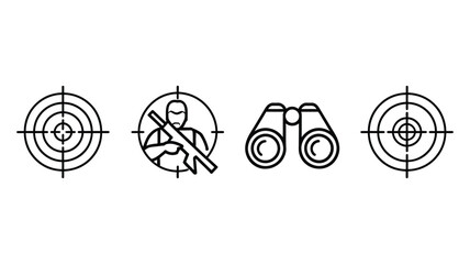 Hunting and shooting target icon set vector illustration featuring linear outline crosshair binoculars and sniper aim symbols on white background © Atikul