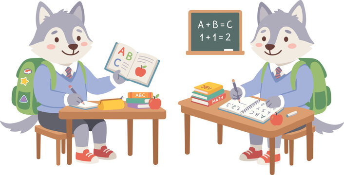 Cute wolf students cartoon characters studying math and alphabet at school desks with blackboard vector illustration set