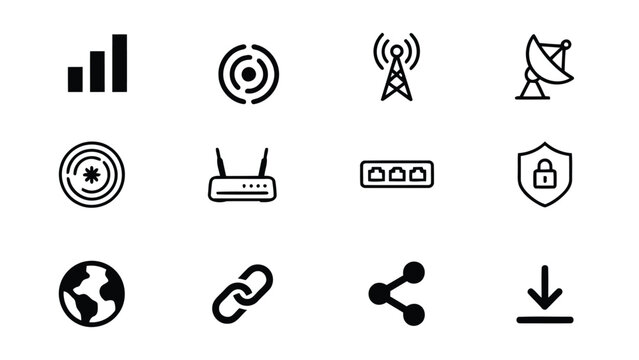 Black and white internet technology icons on transparent background