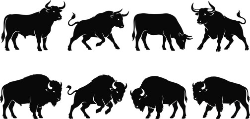 Obraz premium Black bull silhouettes, bison icons, cattle graphics, animal illustrations, wildlife symbols