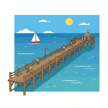 People fishing and walking on a wooden pier with a sailboat in the ocean