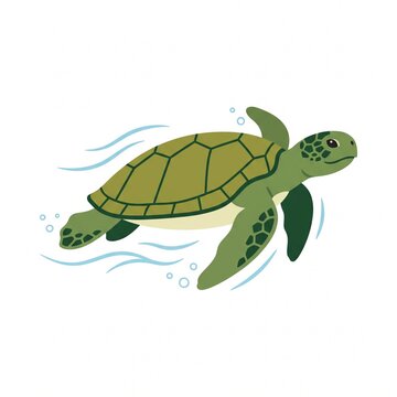 Green Sea Turtle Swimming in Blue Water with Bubbles