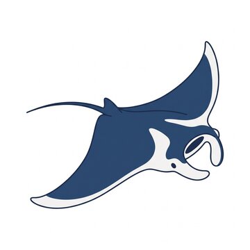 Stylized illustration of a blue manta ray swimming gracefully on a white background