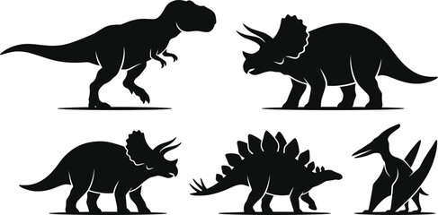 Dinosaur silhouettes, black dinosaurs, prehistoric creatures, vector icons, set of 5 © Rifat