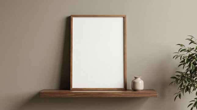 Picture frame stands empty on a wooden shelf next to a small ceramic vase.