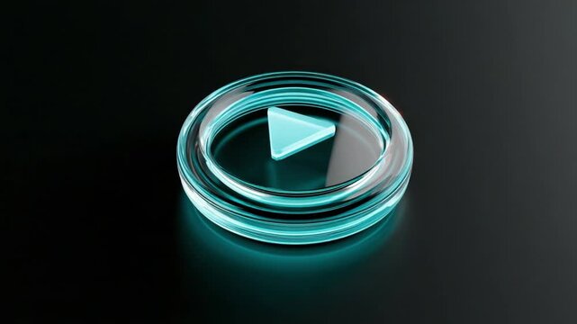 Futuristic glowing play button icon on dark background with neon light effect