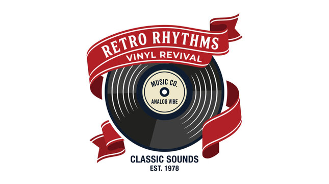 Retro Rhythms vinyl record revival logo with banners.