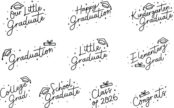 Hand drawn graduation phrase with graduation scroll and sparkles. Simple, celebratory design for graduation events or school projects. Perfect for greeting cards, invitations, or social media posts
