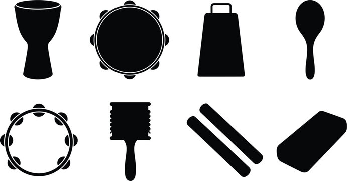 Percussion Musical Instrument Silhouette Icon Set with Drum Tambourine Maracas and Rhythm Accessories