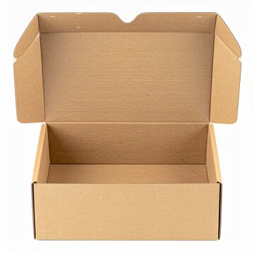 Empty open brown cardboard shipping box Mockup for product packaging and branding on white background