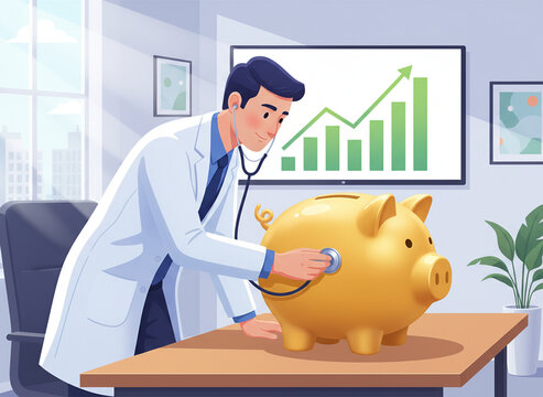 Illustration d&rsquo;un conseiller financier ou gestionnaire de patrimoine examinant une tirelire dor&eacute;e &agrave; l&rsquo;aide d&rsquo;un st&eacute;thoscope, devant un graphique de croissance. Concept d&rsquo;&eacute;pargne, d&rsquo;investissement, de 