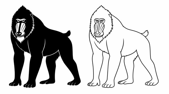Mandrill monkey silhouette and line art illustration, wild animal icon