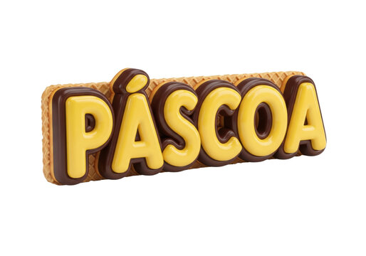 Glossy yellow cream letters forming "P&Aacute;SCOA", bordered by dark chocolate, against a light brown wafer texture, isolated on white, with soft lighting and crisp focus, evoking a sweet festive Easter