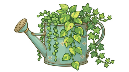 Cute Watering Can with Lush Green Houseplants, Kawaii Style © musnadul