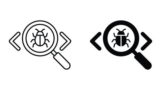 Software bug debugging code error magnifying glass icon with debugging, software