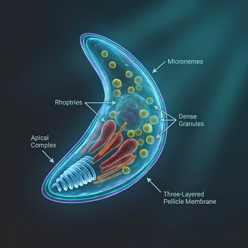 Plasmodium Falciparum Sporozoite Anatomy 3D Rendering: Apical Complex, Rhoptries, Micronemes, Dense