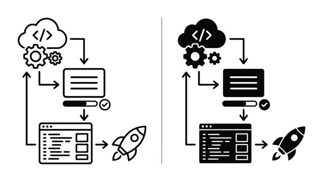 Software development dev ops lifecycle rocket launch icon set with software