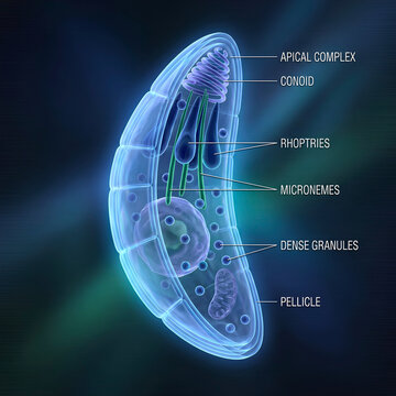 Toxoplasma gondii Tachyzoite Ultrastructure 3D Illustration with Labeled Apical Complex