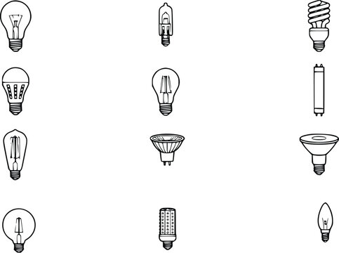 Set of Hand Drawn Light Bulb Icons Collection &ndash; Incandescent, LED, Halogen, Fluorescent and Decorative Lighting Vector Illustration