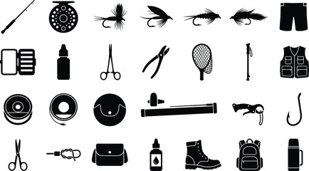Set of black fishing and outdoor recreation equipment icons for various angling and camping activities © Fensi