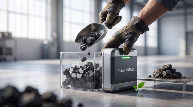 Industrial worker processing coal into clean energy technology concept with fragments transparent container