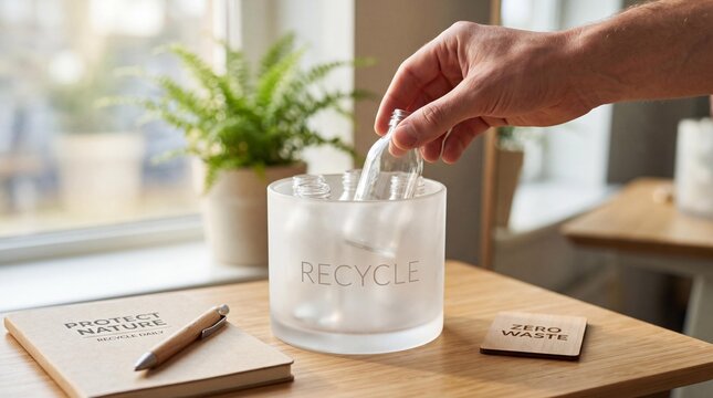 Person placing glass bottle into a recycle bin for sustainable living and eco friendly waste management practices
