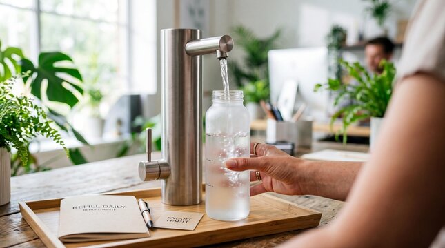 Refilling a reusable glass water bottle from a modern stainless steel tap in a bright sustainable office space