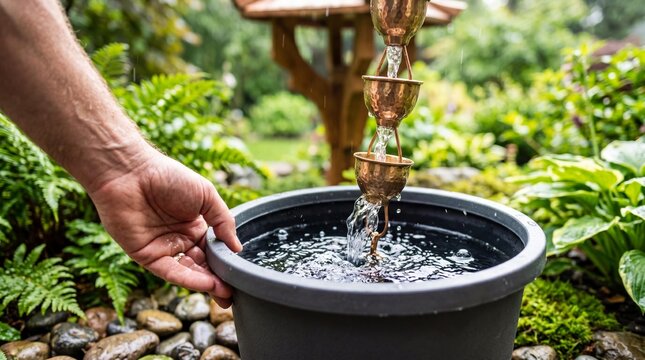 Copper rain chain cascading water into a garden basin held by a hand