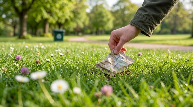 Person collecting litter from green grass in public park for environmental cleanup with depicts close perspective