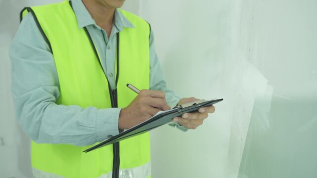 inspector or engineer is inspecting construction and quality assurance new house using a checklist. Engineers or architects or contactor work to build the house before handing it over to the homeowner