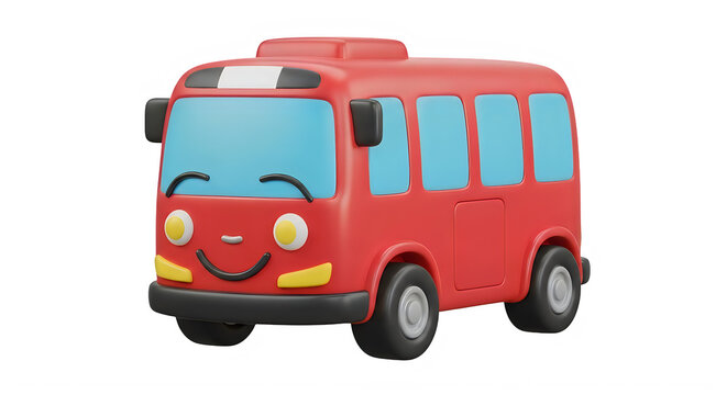 Cute red cartoon bus character with a happy smiling face