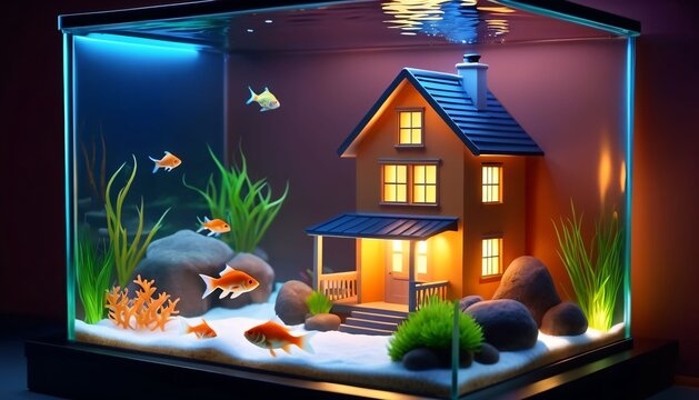 Miniature Illuminated House Inside Large Glass Aquarium