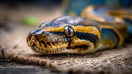 Obraz premium Close-up portrait of a colorful python snake resting on textured burlap fabric with wildlife