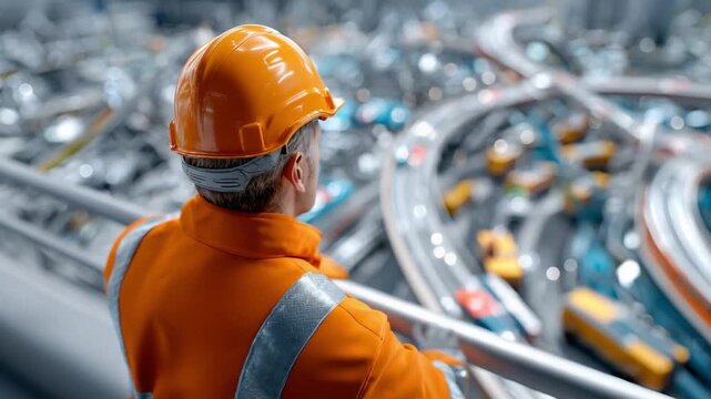 A Foreman's Oversight: A foreman in an orange hard hat and vest observes a complex, futuristic transportation network with multiple lanes and vehicles moving rapidly.