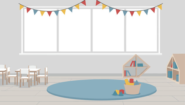 Empty modern kindergarten playroom with a circular blue rug, colorful hanging flags, small tables, and shelves.