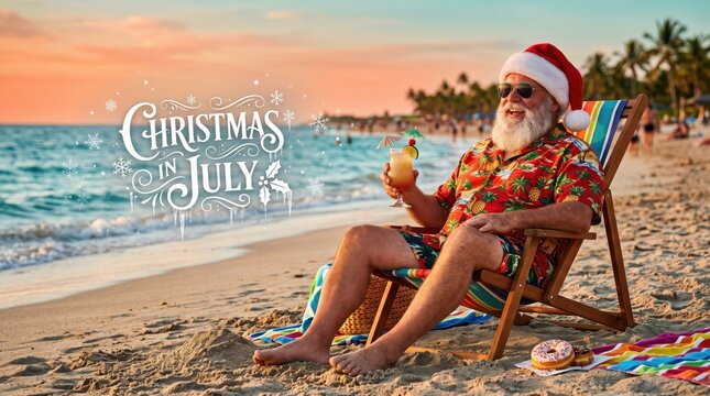 Santa claus wearing a red tropical shirt and santa hat sitting in a wooden beach chair holding a cocktail on a sandy beach at sunset with christmas in july text overlay