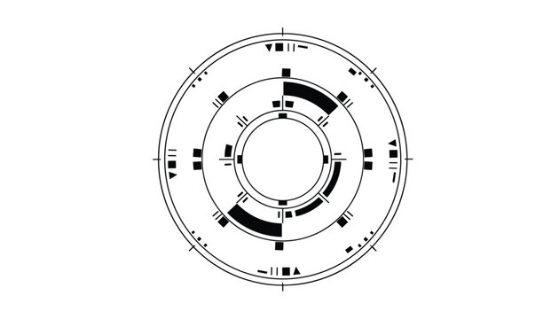Complex black and white circular technological interface graphic, representing radar, HUD, or cybernetic systems.