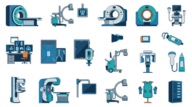 Medical Radiology Imaging Equipment, Diagnostic Devices Flat Vector Icons Set. Healthcare and Hospital Technology.