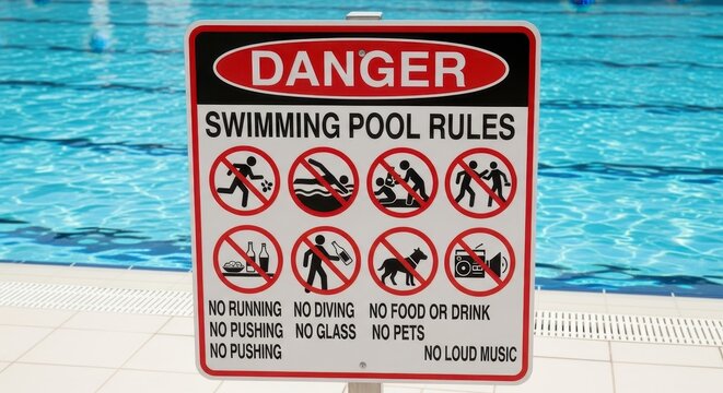 Swimming Pool Safety Rules Sign with Red and White Design.