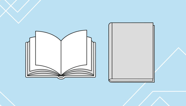 Simple flat design vector illustration of an open textbook next to a closed grey book cover on a light blue background.